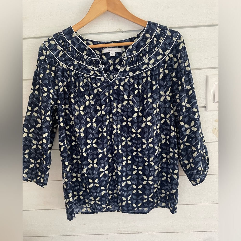 Pure Jill Elements gathered top blouse dark ink blue women’s Medium 3/4 sleeve